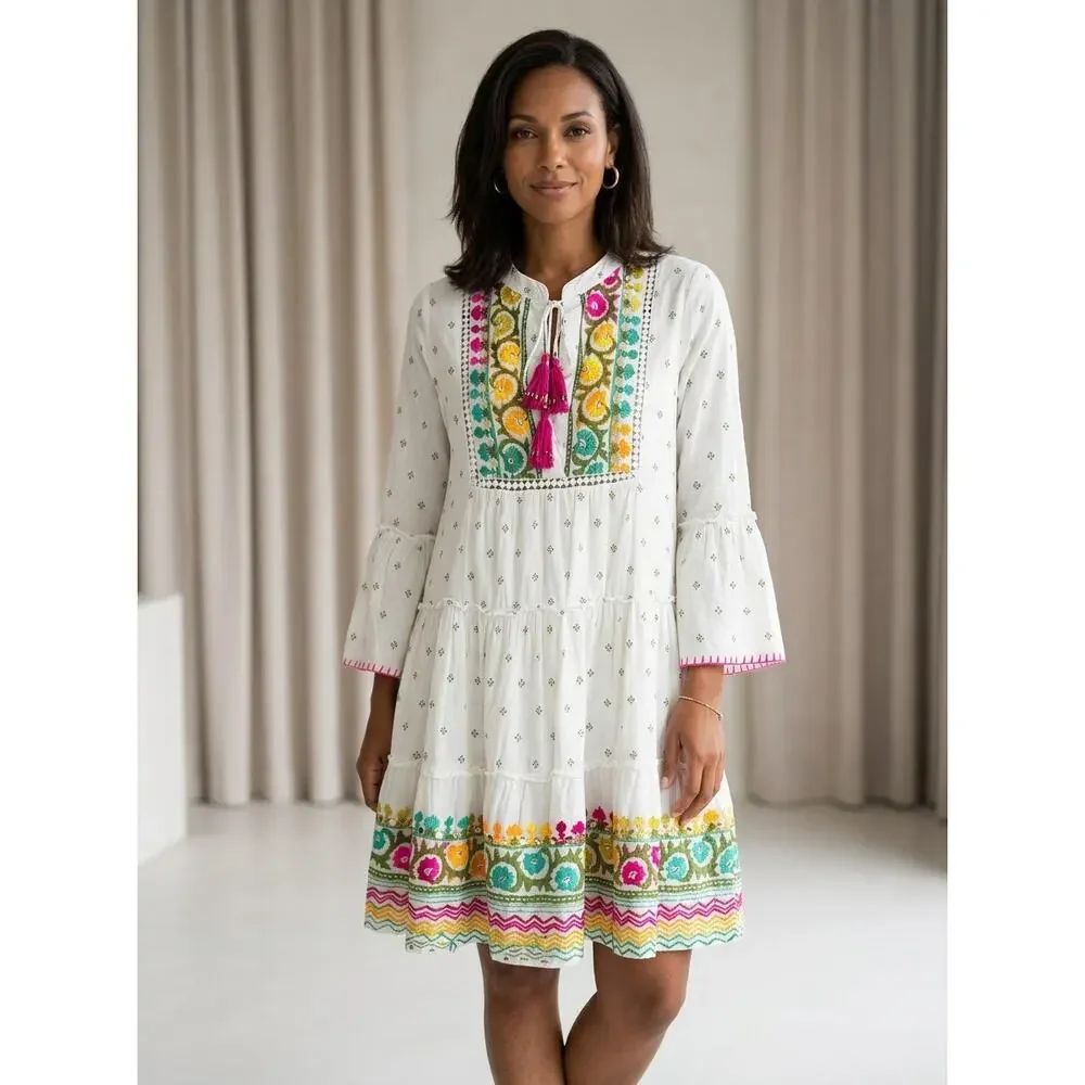 Miss June Paris White Boho Bell Sleeve Tiered Dress See Measurements